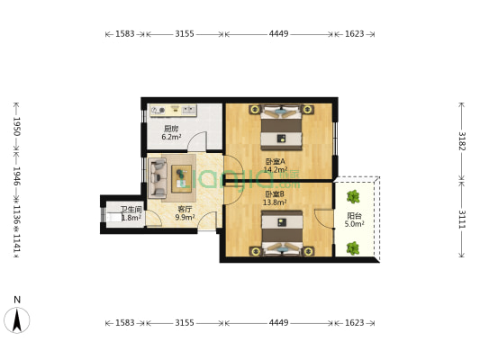 卫东厂生活1区 2室1厅1卫 61平方