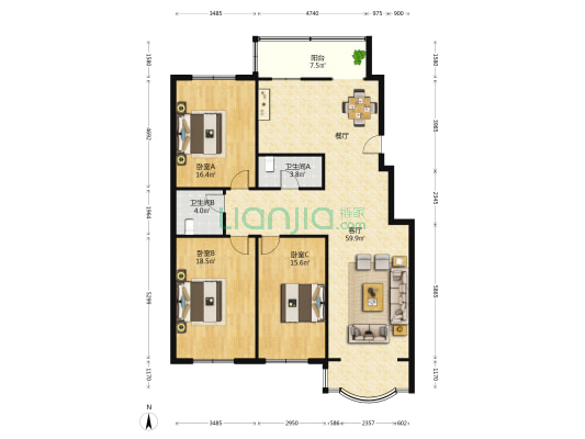 澳洲佳园 3室1厅2卫 153平方