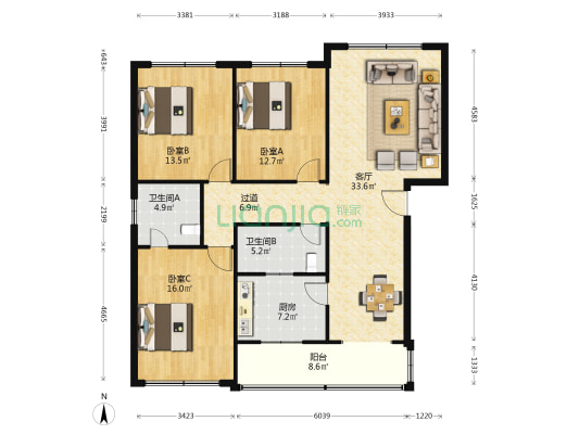 化纤大院 3室1厅2卫 130平方