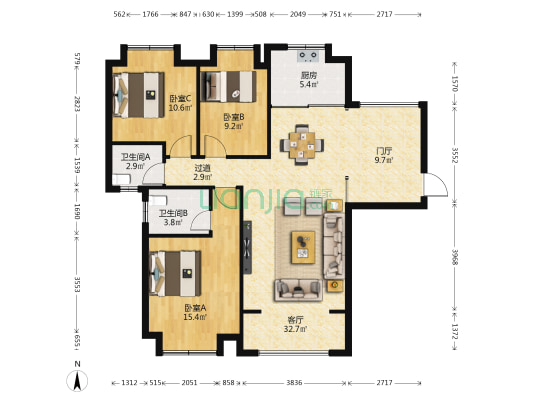 興旺名城 3室1厅2卫 115平方