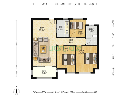 江湾城珑园 三室两厅 简单装修 看房方便-户型图