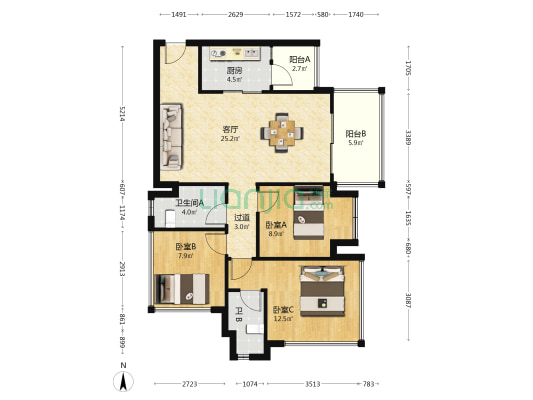 袍商朗诗天府绿郡 3室1厅2卫 79平方