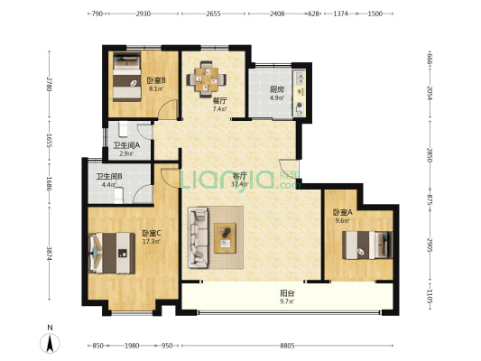 东华滨湖壹号院 3室2厅2卫 145平方