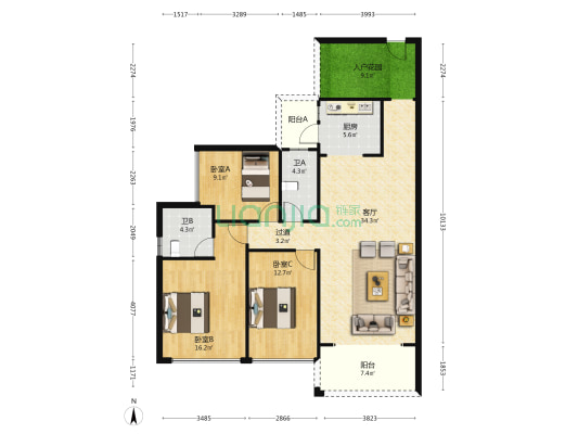 山水华章 3室1厅2卫 120平方