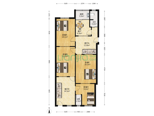 金山南小区 4室3厅2卫 88平方