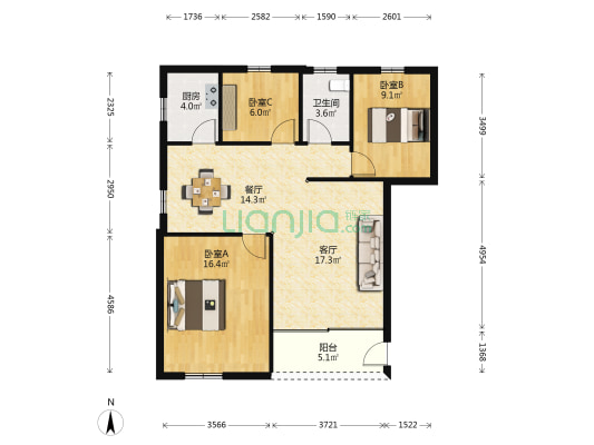 绿田路 3室2厅1卫 91平方