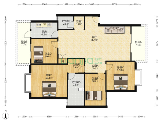集装箱中心站小区 4室1厅2卫 142平方