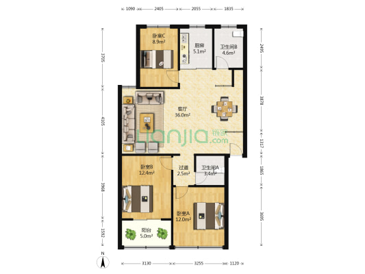 解放东路 3室1厅2卫 113平方