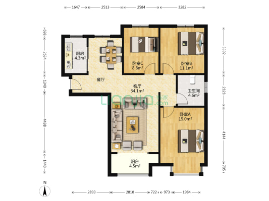 阳光城8号院东院 3室1厅1卫 115平方