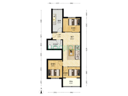 亚联山庄 3室1厅1卫 74平方