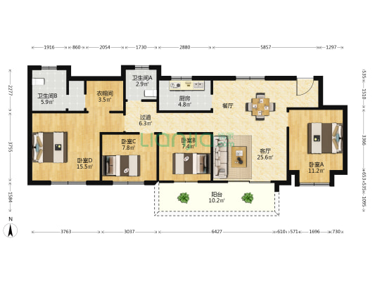 中梁壹号院 4室1厅2卫 119平方