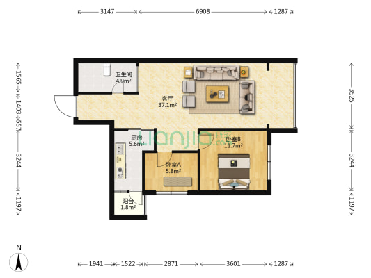 东风巷住宅小区 2室1厅1卫 37平方
