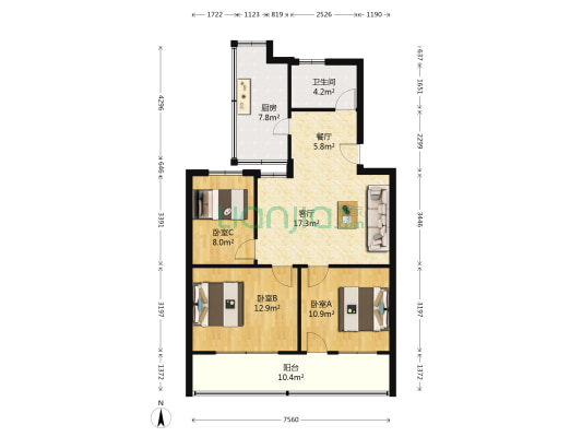 牧业专科学校第一家属区 3室2厅1卫 81平方