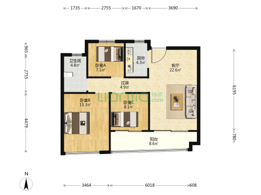 海泰娄庭 3室1厅1卫 102平方