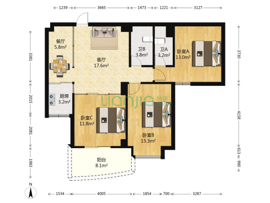 紫光公寓砌池 3室2厅2卫 96平方