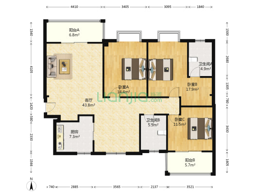 城管花园 3室1厅2卫 139平方
