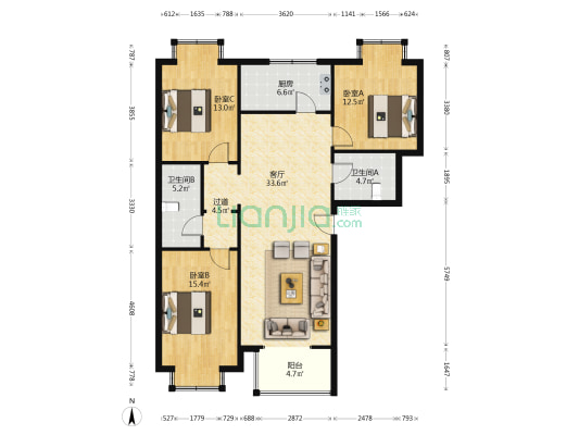 开发区惠友橙园三室两厅双卫精装修拎包入住南北通透-户型图