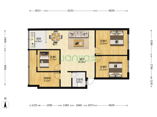 云南省交通中心医院生活区 3室1厅1卫 78平方