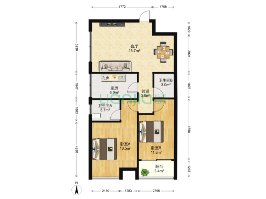 海天云都 2室1厅2卫 92平方