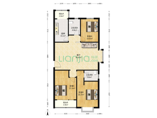 华景阁 3室1厅2卫 136平方