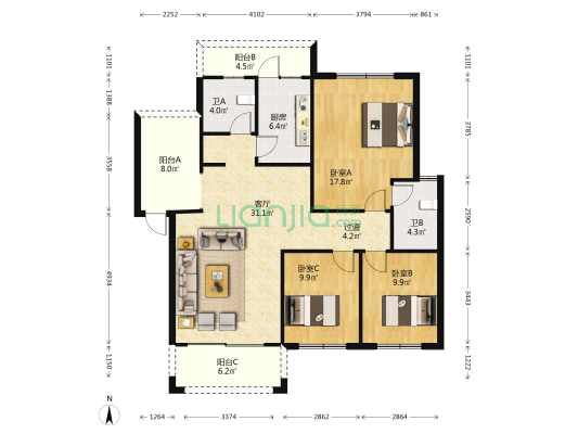 美成新都A区 3室1厅2卫 116平方