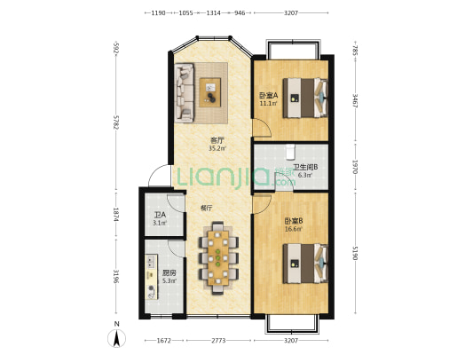 正地花园 2室1厅2卫 96平方