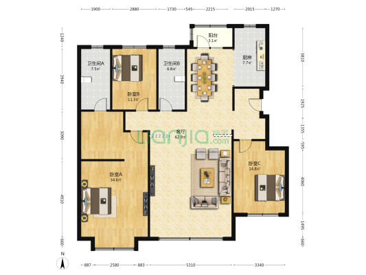 鸿玮澜山三期尊岳 3室1厅2卫 173平方