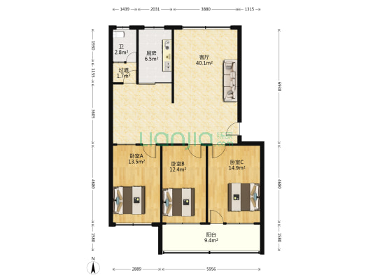 心怡园 3室1厅1卫 117平方