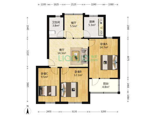 083厂宿舍 3室2厅1卫 90平方