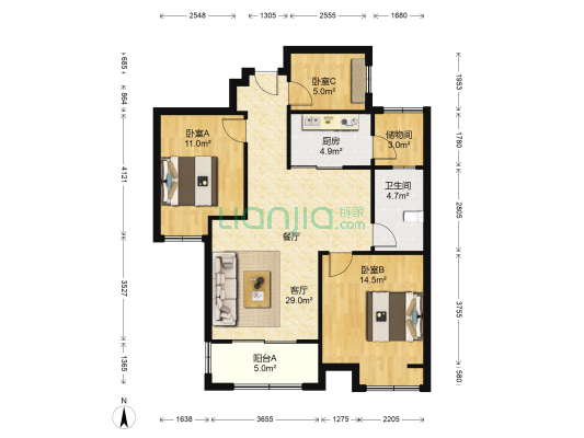 复地公园城邦达令港 3室1厅1卫 89平方
