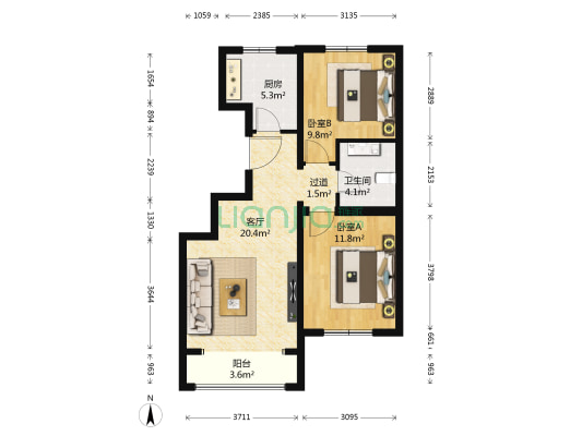 园博嘉园 2室1厅1卫 86平方