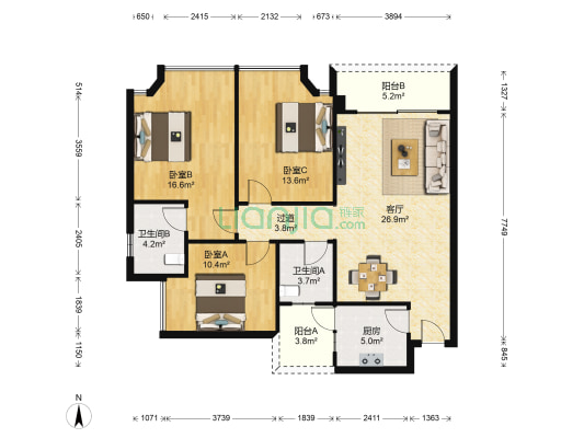 汽博刚需三室户型，户型方正、安静、适合居家-户型图