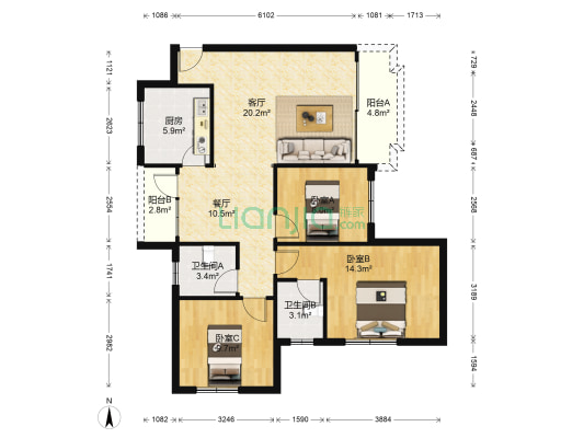 港湾新村 3室2厅2卫 100平方