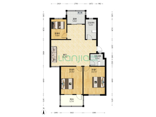 景都小区 3室1厅2卫 106平方