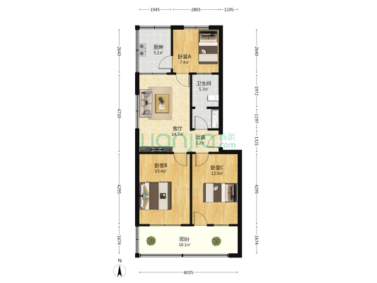 建行家属院(毓秀路) 3室1厅1卫 79平方