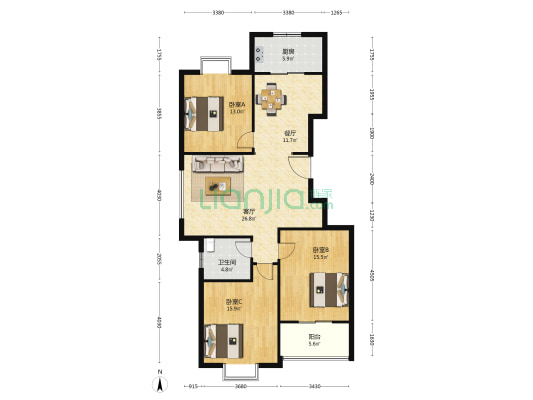 弘基上城 3室2厅1卫 132平方