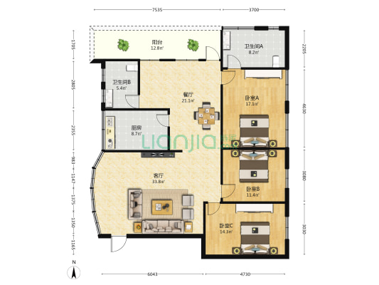 省琼剧院宿舍 3室2厅2卫 136平方