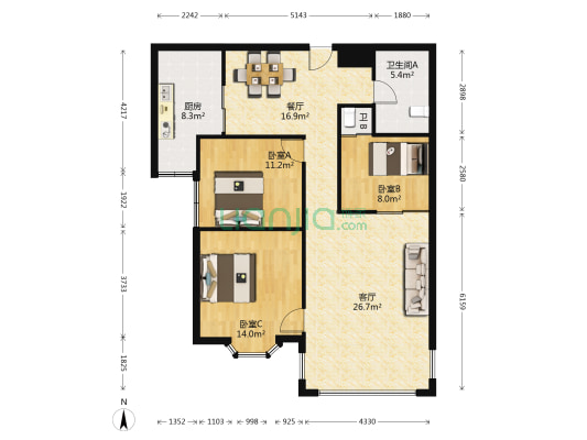 圣地大厦 3室2厅2卫 128平方