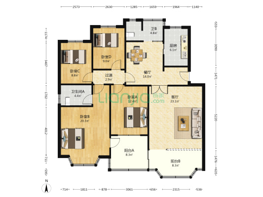 魏家坡机关宿舍 4室2厅2卫 133平方