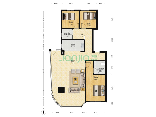 长安润江壹号 3室1厅2卫 133平方