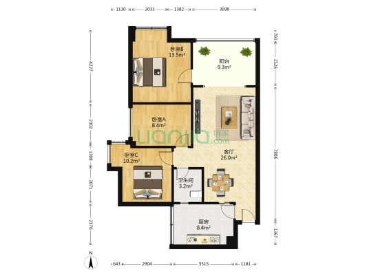 凤凰傲城 3室1厅1卫 86平方