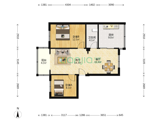 从化商贸城 2室2厅1卫 78平方