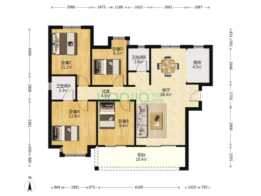 龙旺•海悦湾 4室1厅2卫 121平方