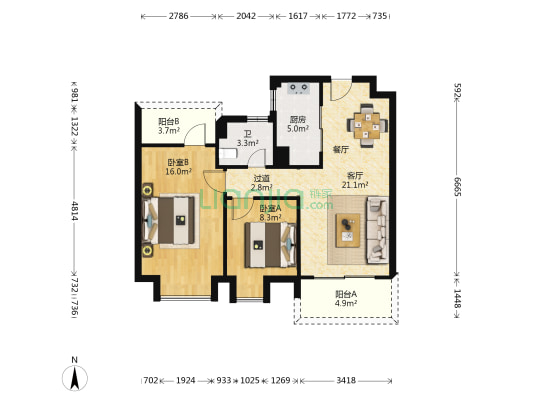 万璟华府 2室1厅1卫 87平方