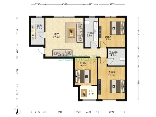 吉祥龙城苑 3室1厅2卫 122平方