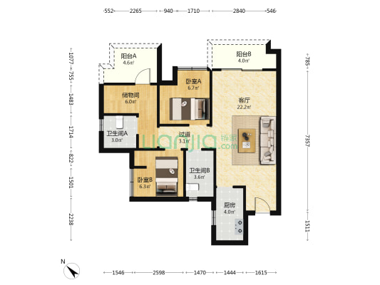 环天山屿城 2室1厅2卫 78平方