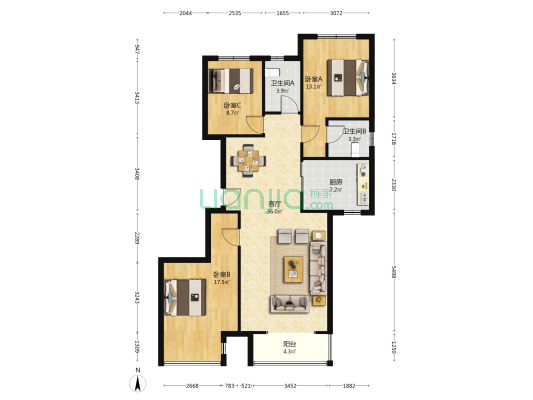 德源华通小区 3室1厅2卫 134平方