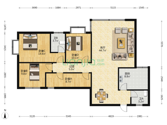 翡翠新村 4室1厅2卫 137平方