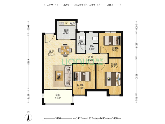 君合新城玺樾 3室1厅2卫 95平方