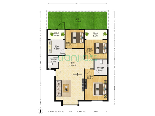 月楿丽苑 3室1厅2卫 109平方